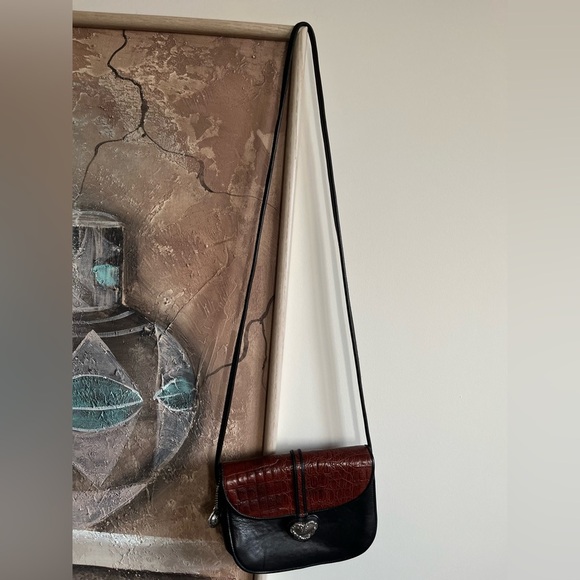 Vintage One World BRIGHTON ChocBrown Croc-Embossed & Black Leather Crossbody Bag - Picture 15 of 15